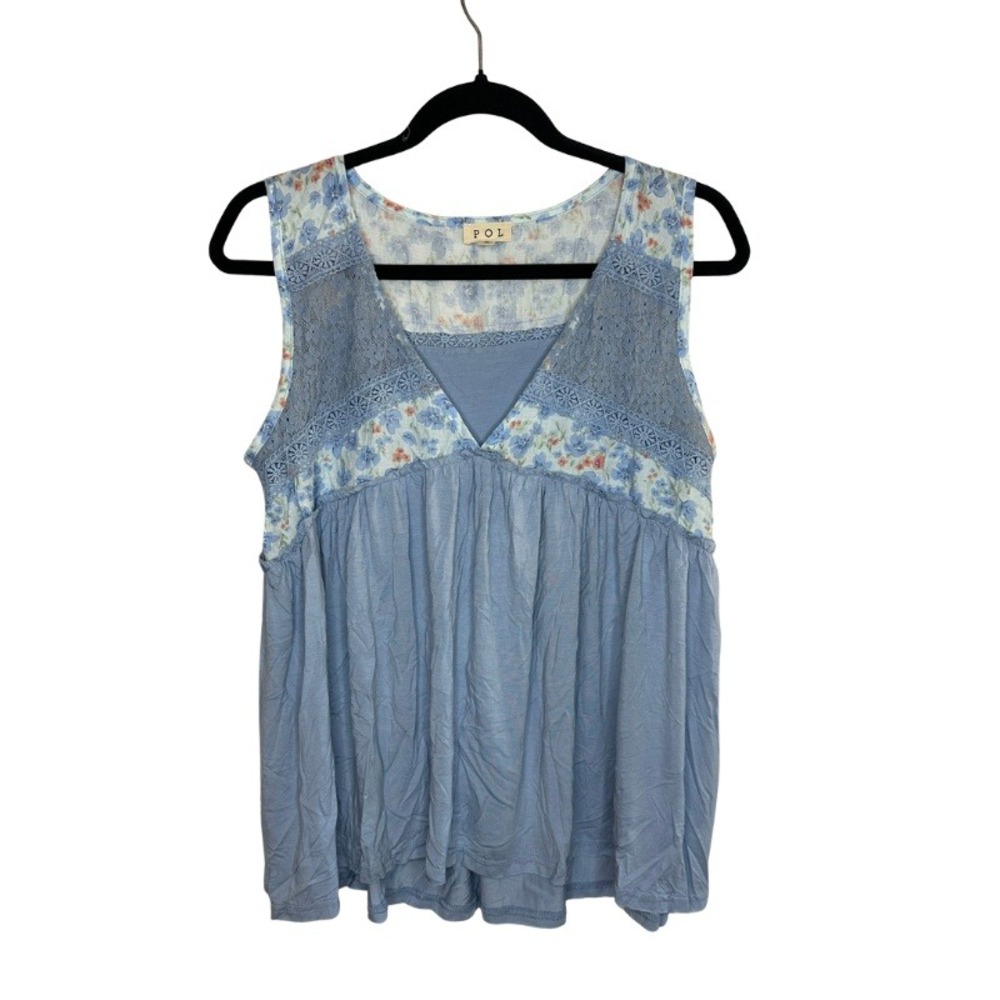 POL Blue Floral Lace Trim Babydoll Tank Top Sleeveless Boho YKT1426 Small NEW